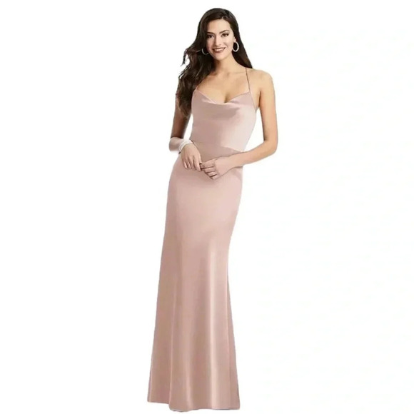 NWT Dessy Collection Cowl Neck Lux Charmeuse Trumpet  Satin Gown Toasted Sugar 6 - Picture 1 of 9